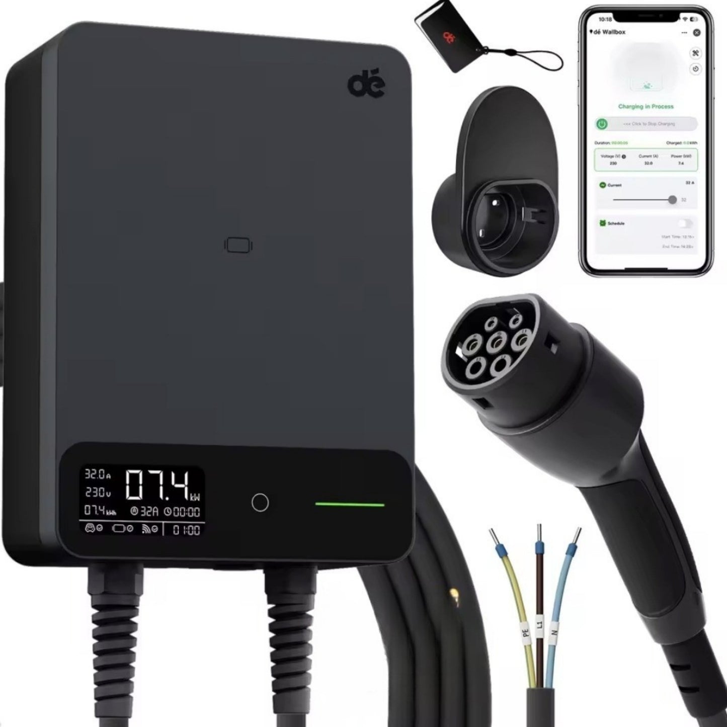 Wallbox Home 7,4 kW – Slimme EV Lader met App & RFID | Type 2 | Zwart/Wit - BlackCharge 5 meter / Zwart